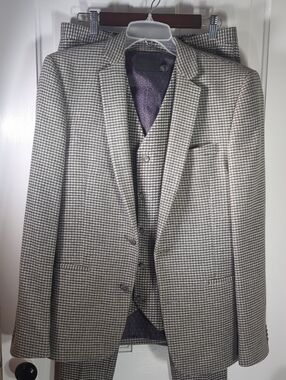 ASOS Mens Grey Houndstooth Wool Blend Slim Fit 3 Piece Suit